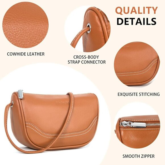 Women Brown Small Leather Crescent Crossbody  Casual Hobo Bag